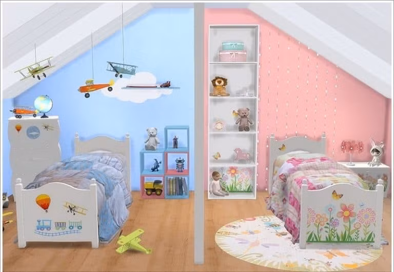 Nếu bạn muốn ngăn đôi căn phòng rộng lớn cho 1 bé trai, 1 bé gái thì có thể áp dụng mẫu thiết kế này. Sơn tường màu xanh cho con trai, màu hồng cho con gái. Giường ngủ mua cùng loại nhưng khác hình vẽ