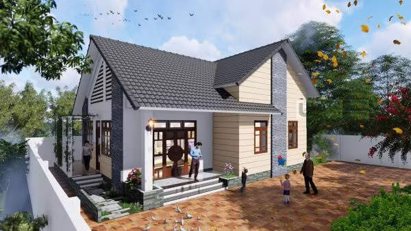 Thiết kế của căn nhà này đơn giản nhưng vô cùng ấn tượng bởi hệ thống đường gờ, phào chỉ khỏe khoắn. Phần tường phòng lồi được thiết kế một khối nhỏ chạy dọc từ nền móng đến phần mái tạo sự cân đối cho phần mặt tiền