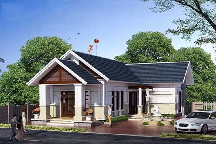Mái thái màu ghi tối, mặt tiền trang trí khá cầu kỳ kết hợp với thiết kế hình chữ L tạo nên không gian kiến trúc linh hoạt, hiện đại, rộng mở