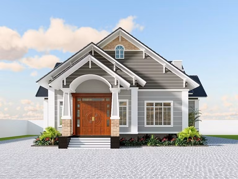Căn nhà mái thái 1 tầng này mang vẻ đẹp hiện đại này xây dựng trên khu đất rộng 150m2. Công năng sử dụng gồm: 1 phòng khách + 3 phòng ngủ + 1 phòng bếp kết hợp phòng ăn, 2 WC