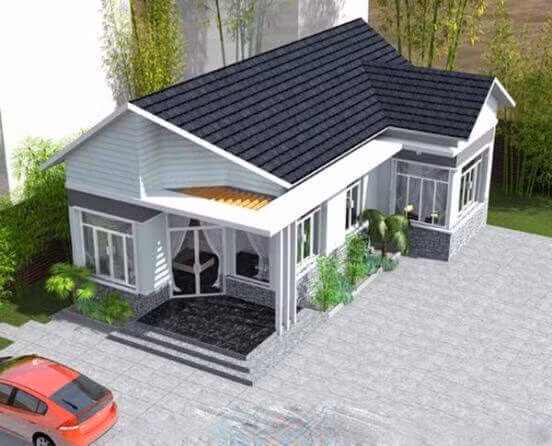 Tông màu xám trắng, nền sảnh chính và các chân tường đều được ốp đá giúp căn nhà trông vững chãi, khỏe khoắn. Hệ cửa sổ bằng kính giúp ngôi nhà đón được nhiều ánh sáng tự nhiên