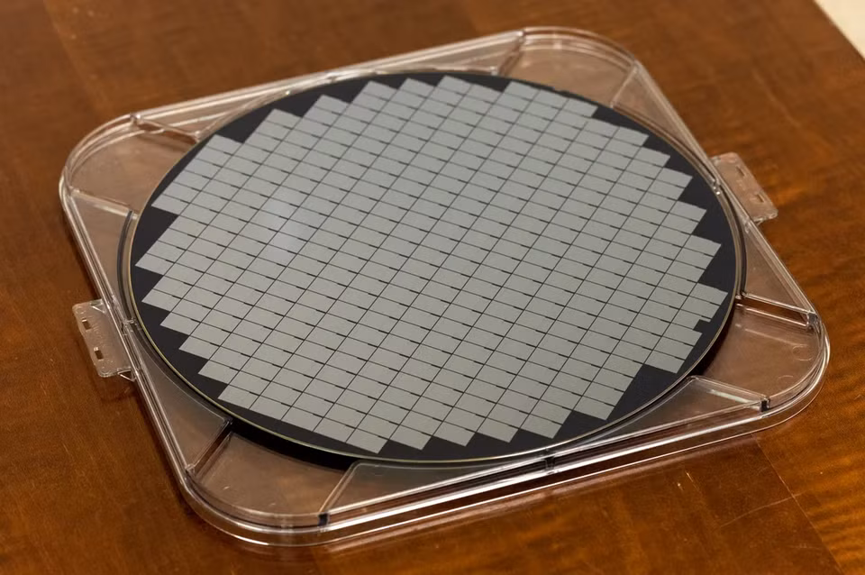 br/> Tấm bán dẫn (wafer) 300 mm chứa hàng trăm con chip Meteor Lake bản thử nghiệm. Thông qua kỹ thuật có tên dicing, tấm wafer sẽ được cắt thành những chip riêng biệt.