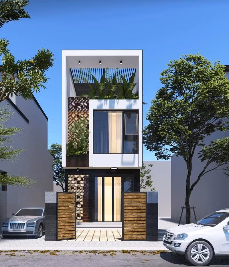 Mẫu nhà này có 2 tầng 1 tum, thiết kế thoáng và cuốn hút. Tầm tum chủ yếu để trồng tiểu cảnh, đón nắng và luồng gió tự nhiên, tạo vượng khí tốt cho ngôi nhà