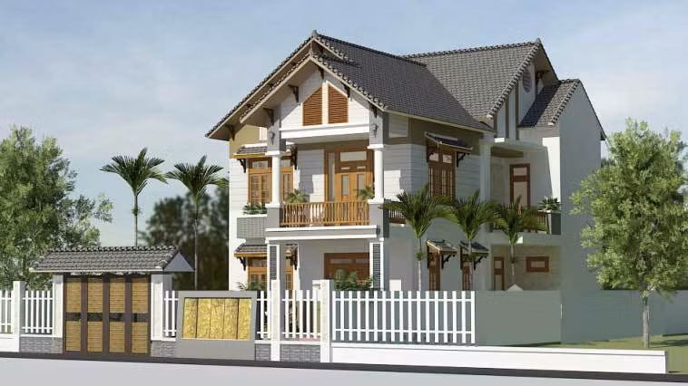 Nhờ có diện tích lớn nên căn biệt thự 2 tầng này được thiết kế vuông vức, đồ sộ, kết hợp với những đường nét trang trí tinh tế, hiện đại tạo vẻ đẹp bề thế, sang trọng. Hệ trụ cột chạy thẳng từ tầng 1 lên đến tầng 2 giúp biệt thự trông cân đối, cao ráo hơn.
