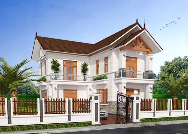 Nhà 2 tầng mái thái chữ L có thể tận dụng diện tích phần sân để tổ chức các buổi tiệc gia đình như giỗ chạp, sinh nhật, hoặc sân chơi cho trẻ nhỏ… Hàng rào có độ cao vừa phải tạo góc nhìn thoáng đãng cho ngôi nhà
