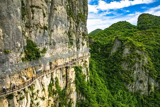 Conđường ván ở hẻm núi Enshi Grand Canyon được xây dựng dọc theo cácvách đá, ngoằn ngoèo từ giữa lên đỉnh núi.Men theo con đườngván mạo hiểm, cảnh quan núi đá vôi hiện ra rất ngoạn mục.