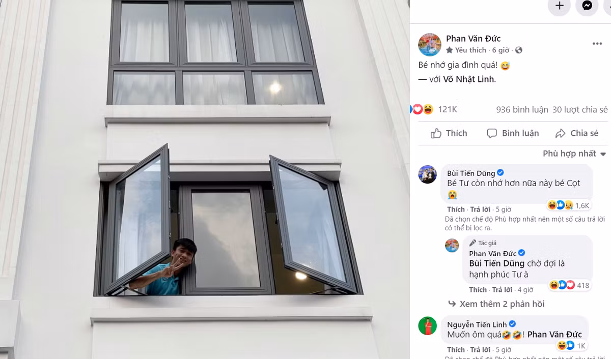 Chưa thể về nhà sau 7 ngày cách ly tập trung tại TP.HCM như kế hoạch ban đầu, Phan Văn Đức hụt hẫng vì phải chờ đợi để gặp lại gia đình và con gái nhỏ. Ngày 26/6, anh đăng bức ảnh chào người hâm mộ qua cửa sổ khách sạn cùng dòng trạng thái buồn bã. Trước đó, anh cũng nhiều lần bày tỏ nỗi nhớ vợ con. Dưới bài đăng, "Tư" Dũng thể hiện sự đồng cảm cùng đàn em cùng tuyển: "Bé Tư còn nhớ hơn này bé Cọt". Ảnh: Phan Văn Đức.