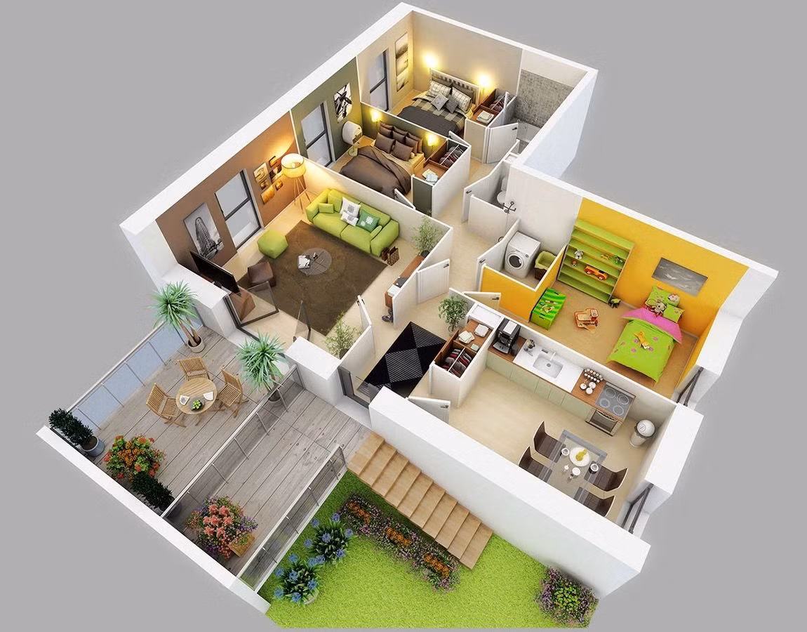 Đây là kiểu bố cục chia nhà cấp 4 có 3 phòng ngủ đầy đủ công năng và đẹp mắt, phù hợp với diện tích đất rộng