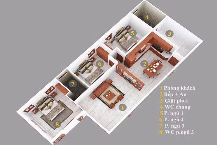 Mẫu nhà cấp 4 có 3 phòng ngủ này thiết kế theo hơi hướng Hàn Quốc, phù hợp cho gia đình ít người. Phòng khách liền bếp có không gian mở thường thấy ở chung cư. 3 phòng ngủ có cấu trúc giống nhau, riêng phòng ngủ master có cửa ra hiên tiện lợi