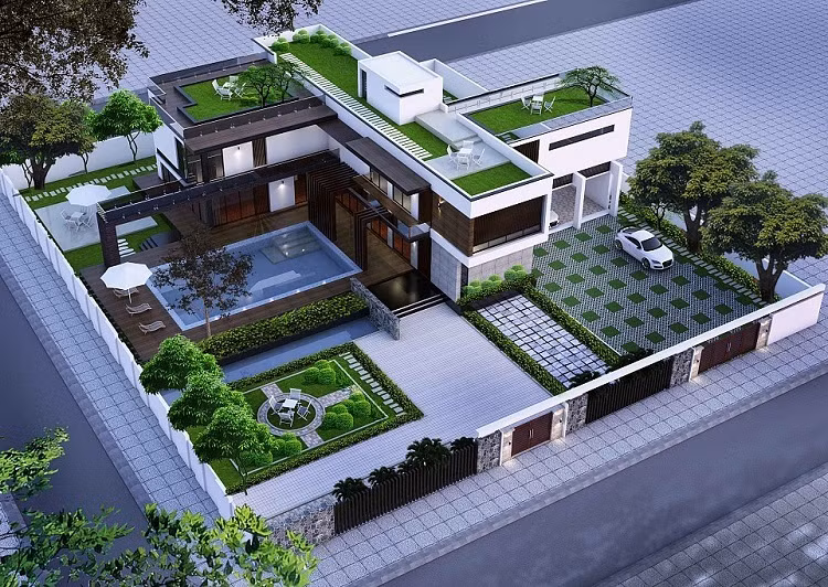 Một điểm chung của các căn biệt thự nhà vườn là ngoài kiến trúc của căn nhà, chủ nhà còn đặc biệt chú ý tới sự liên kết với không gian bên ngoài. Căn biệt thự này là sự đan xen tinh tế giữa những mảng xanh của sân vườn, gạch ốp lát và bố cục của căn nhà. Ngoài ra, chủ nhà đã tinh tế khi bố trí sân thượng với những mảng cỏ xanh mướt, vừa có tác dụng chống nóng, vừa tăng tính thẩm mỹ