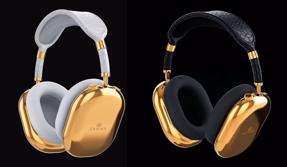 Caviar AirPods Max Gold Black là chiếc tai nghe AirPods Max với củ tai làm từ 750 g vàng nguyên chất, băng đeo (headband) bọc da cá sấu hiếm. Giá của phiên bản này là 108.000 USD. Ảnh: Caviar.
