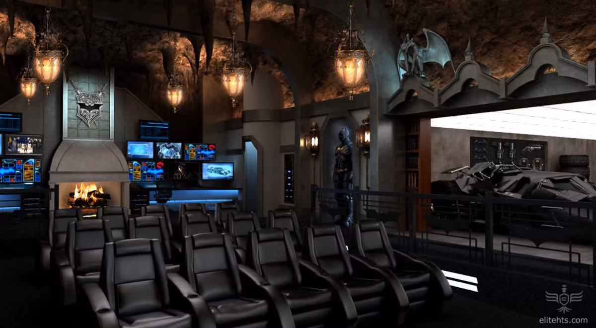 Dark Knight Home Theatre là phòng chiếu phim của công ty Elite HTS (Canada), được lắp đặt trong một ngôi nhà tại Greenwich (Anh) với chi phí khoảng 2 triệu USD. Căn phòng có chủ đề nhân vật Batman, ghế ngồi có thiết kế giống xe Batmobile, nội thất xung quanh lấy cảm hứng từ hầm Batcave với lò sưởi, trạm điều khiển Batcomputer và dàn đèn hình dơi. Ảnh: Elite HTS.