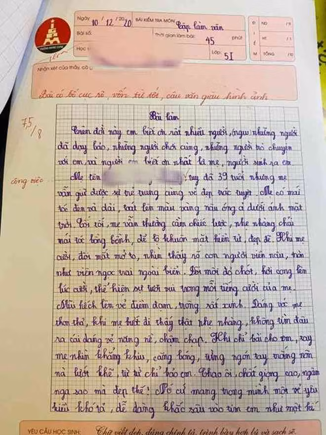 Bài văn tả mẹ đạt điểm gần tuyệt đối của bé trai tiểu học Bai van ta me dat diem gan tuyet doi cua be trai tieu hoc