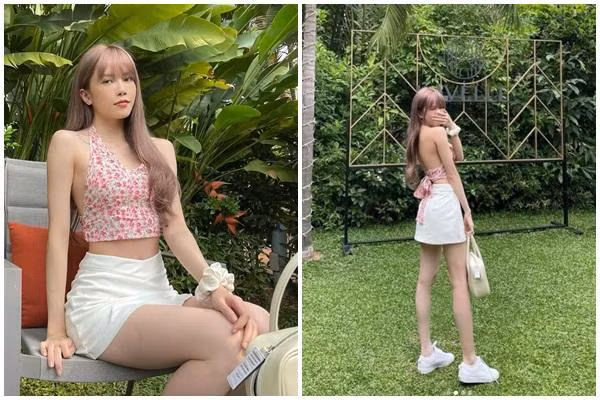 Ca sĩ Thiều Bảo Trâm diện trang phục trẻ trung, hiện đại với chiếc áo kiểu "trước kín sau hở" khoe khéo đôi vai thanh mảnh, gợi cảm và tấm lưng trần nuột nà. Bên cạnh đó, chiếc váy ngắn cũng giúp giọng ca sinh năm 1994 dễ dàng tôn được đôi chân trắng trẻo không tì vết. Người đẹp còn khéo léo lựa chọn màu áo ton sur ton với màu tóc.