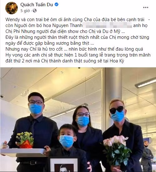 Cho tới mới đây, ca sĩ Quách Tuấn Du chia sẻ thêm một hình ảnh của Wendy từ sân bay Los Angeles. Đó là khoảnh khắc con gái Phi Nhung chụp với quản lý cố ca sĩ tại Mỹ, cũng chính là quản lý Quách Tuấn Du tại thị trường hải ngoại này.