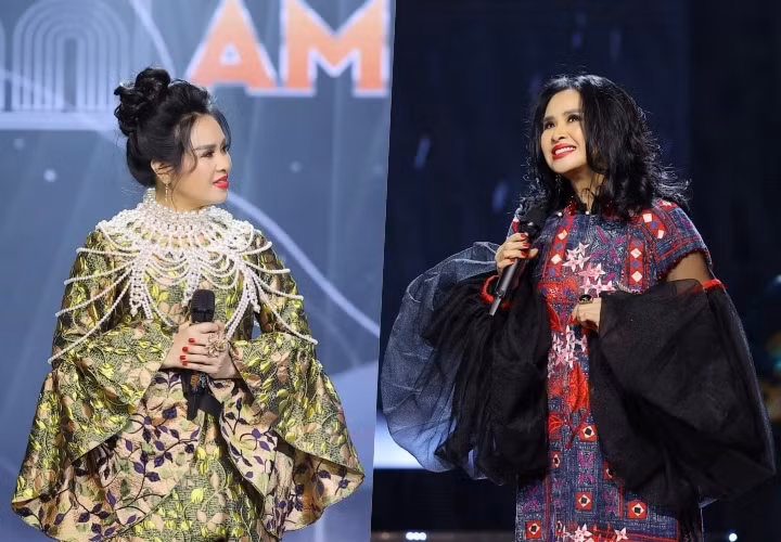 Gấm, vải dệt, thêu là những chất liệu được giọng ca “Tình yêu không lời” ưu tiên lựa chọn mỗi khi lên sân khấu. 2 trong nhiều thiết kế nổi bật của cô có thể kể đến chiếc váy màu xanh lục tay xòe với phần cổ được đính kết ngọc trai cầu kỳ, hay chiếc váy họa tiết thổ cẩm có phần tay đắp lưới lạ mắt. Cùng với những phụ kiện bản to đi kèm, Thanh Lam luôn nổi bật trên sân khấu của mình.