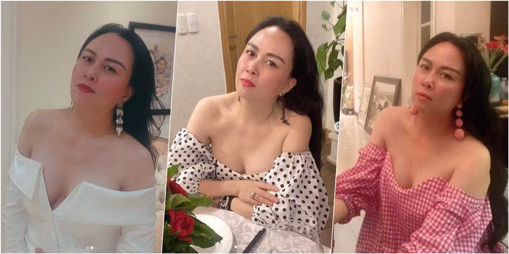 Cô sắm đủ các mẫu váy áo trễ nải từ thu sang hè, đa sắc màu và chất liệu. Nhiều lần cô bị nhận xét "cưa sừng làm nghé". Khi ưu ái những items này, Phượng Chanel khoe vòng 1 lấp ló. Nhưng phải thừa nhận ở tuổi U50, bà mẹ đông con vẫn rất chăm chút hình thể giữ được vòng 1 bốc lửa.