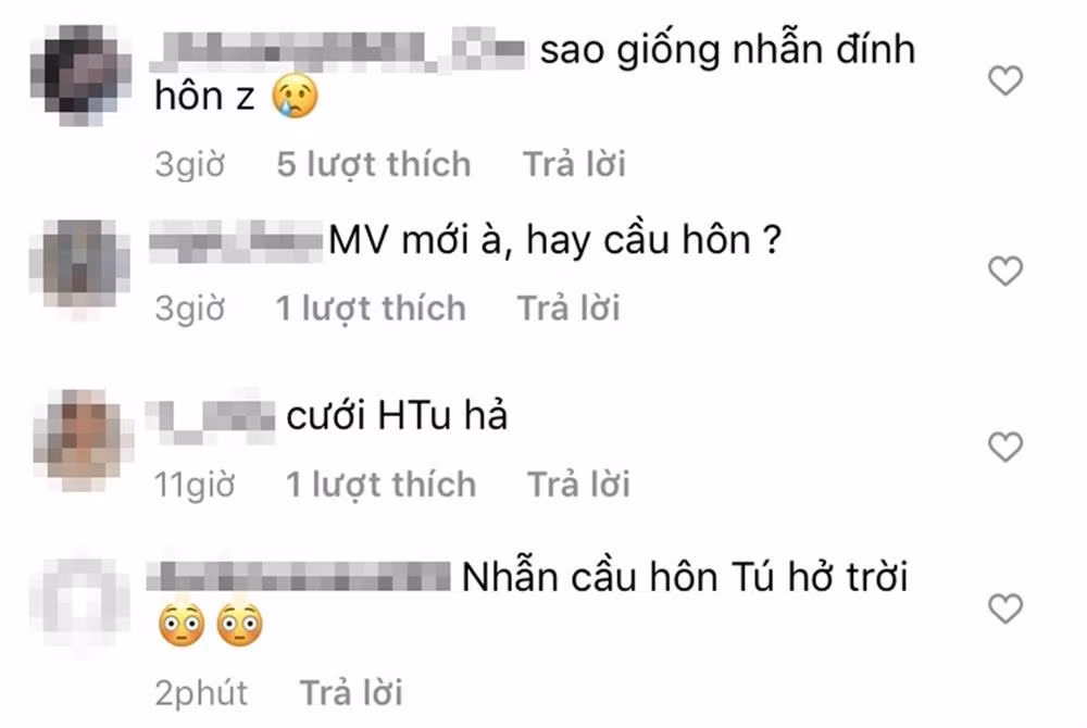 Phía dưới bức ảnh, liên tục là những câu hỏi liên quan đến Hải Tú như: "Sao giống nhẫn đính hôn vậy", "Cầu hôn à", "Cưới Hải Tú hả"...