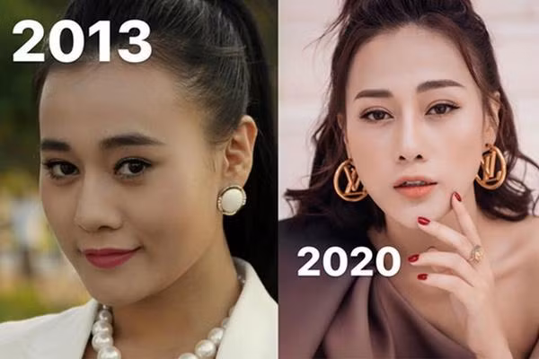 Gương mặt Phương Oanh thay đổi theo thời gian. Sau phẫu thuật cằm cô dài và thon gọn hơn, mũi cao, mí mắt sắc nét.