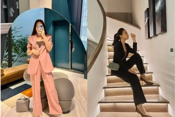 Những bộ vest cùng màu giúp Đàm Thu Trang toát lên vẻ “tổng tài" nhưng với cách kết hợp khéo léo với giày cao gót, áo bra phía trong khiến người đẹp trông mềm mại hơn.