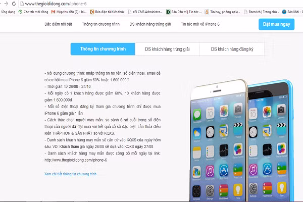 Thông tin đặt mua iPhone 6 tại website Thegioididong.com.