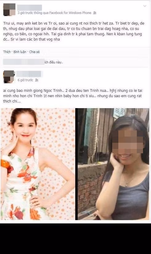 "Ai cũng bảo mình giống Ngọc Trinh, 2 đứa đều tên Trinh nữa, hihi nhưng có lẽ tại mình nhỏ hơn Trinh 1 tuổi nên nhìn baby hơn chị tí xíu...nhưng dù sao em cũng rất thích chị...". Đây là dòng status của một cô gái tên Trinh đã từng gây bão mạng khi tự nhận mình đẹp hơn cả Ngọc Trinh.