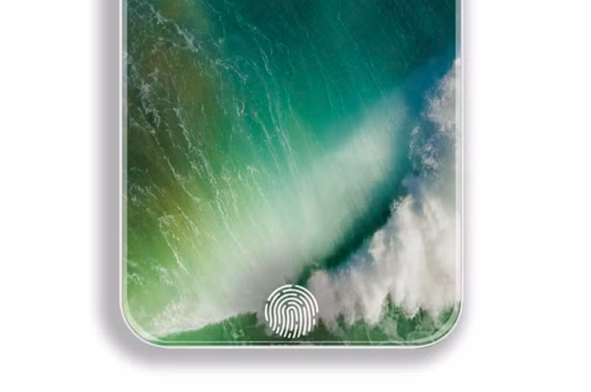 Màn hình của iPhone 8 phủ toàn bộ phần dưới mặt trước và tràn qua nút Home. Phím Home ẩn dưới lớp kính và được tích hợp Touch ID.