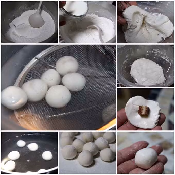 Gạo nếp lẫn gạo tẻ vo sạch, ngâm mềm, vo sơ lại cho sạch rồi đem xay nhuyễn trong cối xay có cho nước vào từ từ, trút bột nước vào túi vải treo lên cho ráo nước, nhào lại bột cho thật dẻo, mịn. 