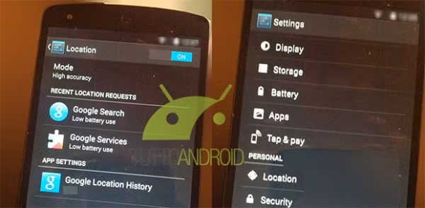 Lộ ảnh nóng Nexus 5 chạy Android 4.4. Phiên bản Android mới sẽ tích hợp với tính năng Tap & Pay cho phép người dùng trả tiền cho các công cụ thanh toán thông qua NFC. Bên cạnh đó, hệ thống định vị cũng có thêm tùy chọn mới, người dùng có thể lựa chọn giữa ba chế độ, một trong số đó là tuỳ chọn tăng độ chính xác và tuỳ chọn tiết kiệm pin.