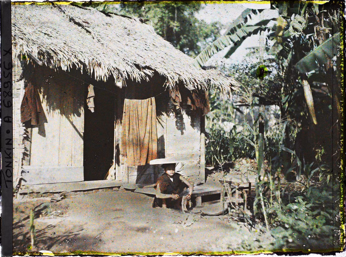 Thôn nữ chẻ củi bên hiên nhà, năm 1921.