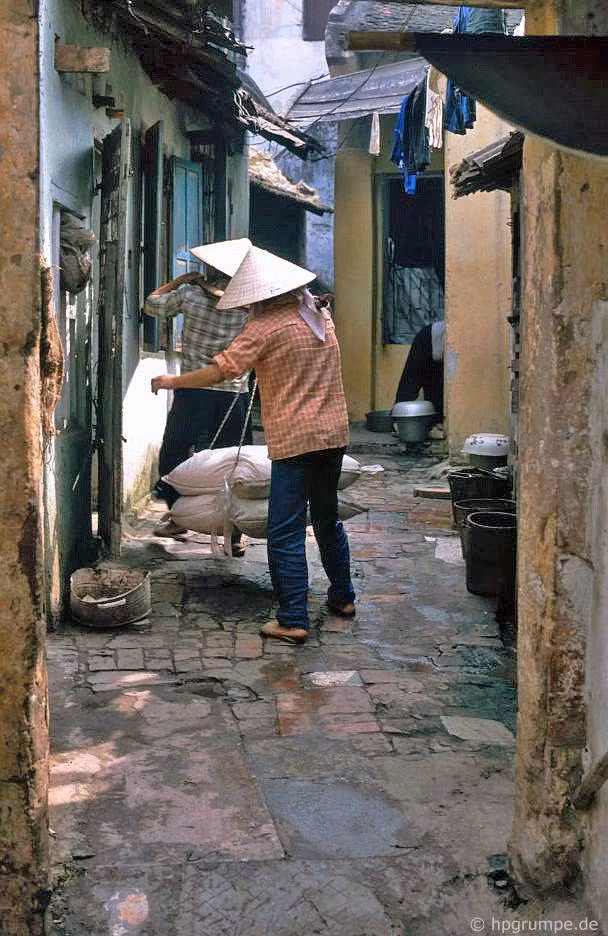 Hai nữ cửu vạn vận chuyển vật liệu xây dựng trong một hẻm nhỏ.