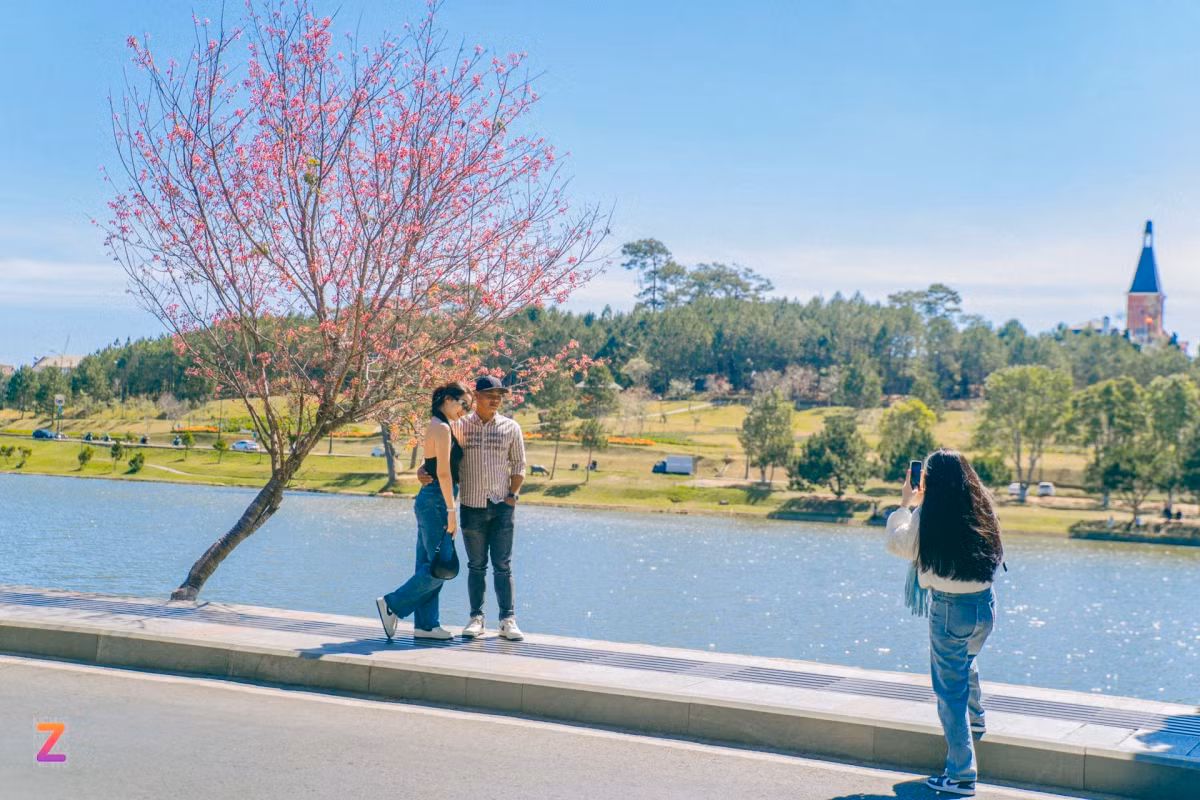 Xep hang 15 phut de check-in mai anh dao Da Lat