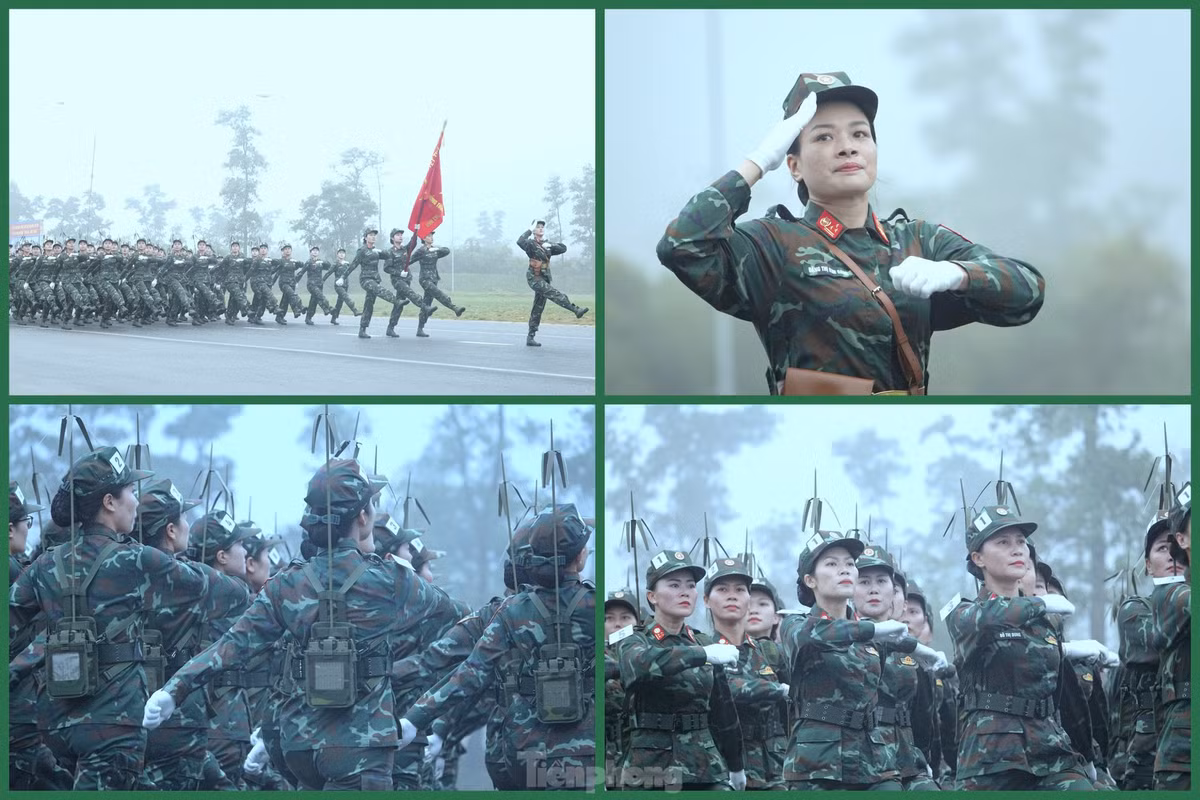 Những động tác đẹp mắt của Khối nữ sĩ quan Thông tin khi luyện tập diễu binh qua lễ đài.