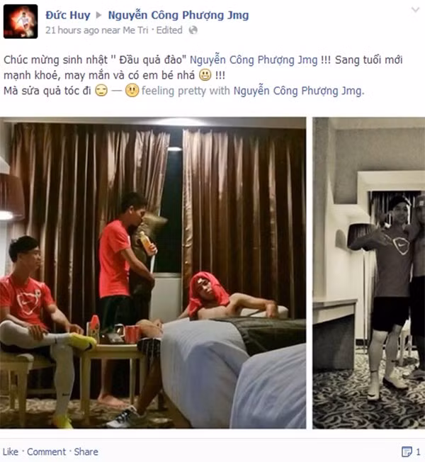Các đồng nghiệp chia sẻ lên Facebook rất nhiều những hình ảnh thể hiện tình bạn, tình đồng đội giữa họ và Công Phượng. Mừng sinh nhật Công Phượng, gợi nhắc những kỷ niệm đáng yêu, các đồng nghiệp đã góp phần giúp một chàng cầu thủ vốn lãnh đạm, lạnh lùng như Công Phượng thấy vui và ấm áp hơn.