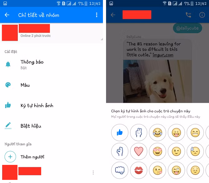  6. Thay đổi biểu tượng cảm xúc Nếu không thích biểu tượng Like mặc định của cuộc trò chuyện, bạn có thể thay đổi nó bằng cách vào phần Thông tin -> Ký tự hình ảnh, rồi lựa chọn bất kỳ biểu tượng nào mà bạn thích. Biểu tượng mới chọn sẽ thay thế vị trí của nút Like, và bạn cũng có thể nhấn giữ vào biểu tượng để "bơm" kích thước cho nó to lên trước khi gửi. 