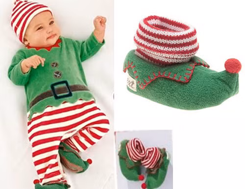 Bé sơ sinh cũng rực rỡ và ấm áp không kém trong bộ đồ noel màu xanh lá cây chất nỉ.