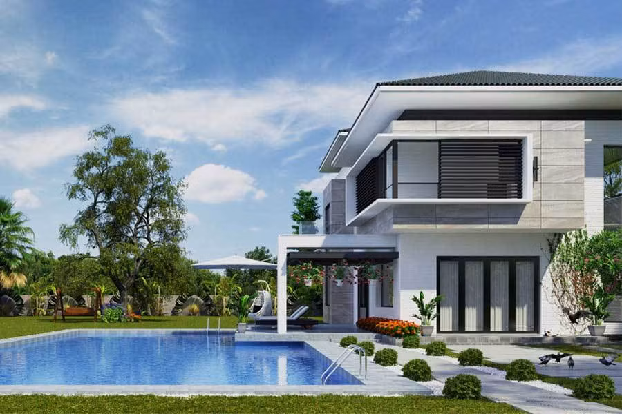 Đây là một trong những mẫu thiết kế biệt thự hiện đại, bể bơi đặt tại sân vườn khiến không gian thêm phần xanh tươi, thoáng mát và thu hút