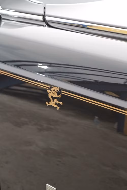 Logo rồng được in ở trên thân xe sáng bóng.