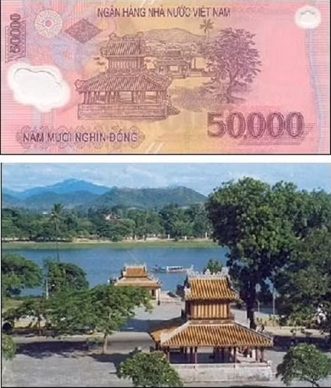 Tờ tiền năm mươi nghìn là địa danh Nghênh Lương Đình - Phu Văn Lâu bên bờ sông Hương (Huế)
