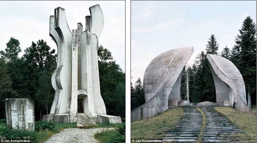 Đài tưởng niệm (trái) được xây dựng vào năm 1981 trong rừng ở Brezovica, Croatia. Bên cạnh là một di tích cách mạng ở Grmec.