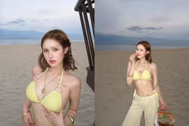 Xoài Non "đốt mắt" người hâm mộ với bikini vàng rực rỡ tại bãi biển