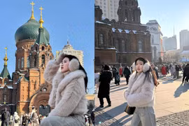 Hot girl Hoàng Anh Ốc khoe nhan sắc rạng rỡ giữa mùa đông Cáp Nhĩ Tân