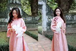 Vợ cầu thủ Phan Văn Đức thướt tha, dịu dàng trong tà áo dài truyền thống