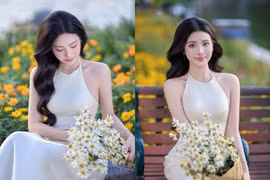 Hoa khôi Thanh lịch Hà Nội 2025 khoe dáng dịu dàng bên cúc họa mi