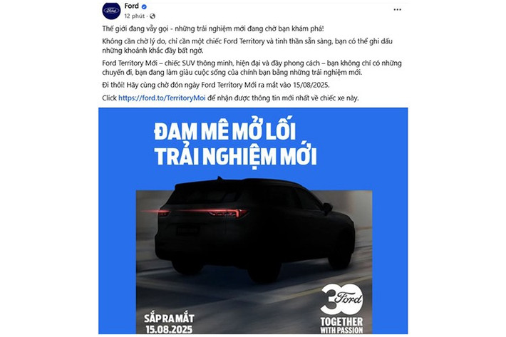 Mới đây, Ford Việt Nam đã tung hình ảnh hé lộ phiên bản nâng cấp giữa vòng đời của mẫu SUV hạng C Territory. Dự kiến, xe sẽ chính thức ra mắt vào ngày 15/8 tới, đúng dịp kỷ niệm 30 năm thương hiệu có mặt tại thị trường Việt Nam.