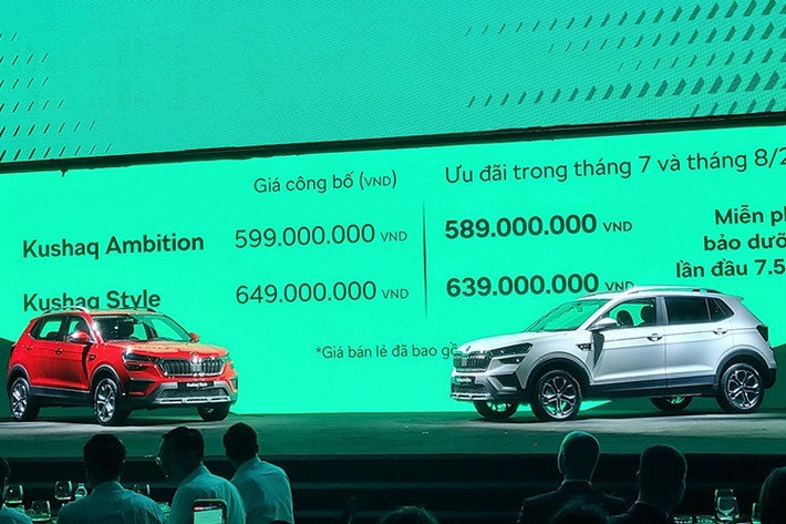 Skoda Kushaq được bán với hai phiên bản: Ambition giá 599 triệu đồng và Style giá 649 triệu đồng. Trong tháng 7 và 8/2025, khách hàng sẽ được ưu đãi giảm trực tiếp 10 triệu đồng, miễn phí một lần bảo dưỡng đầu tiên (7.500 km) và bảo hành 5 năm hoặc 100.000 km (tuỳ điều kiện nào đến trước).