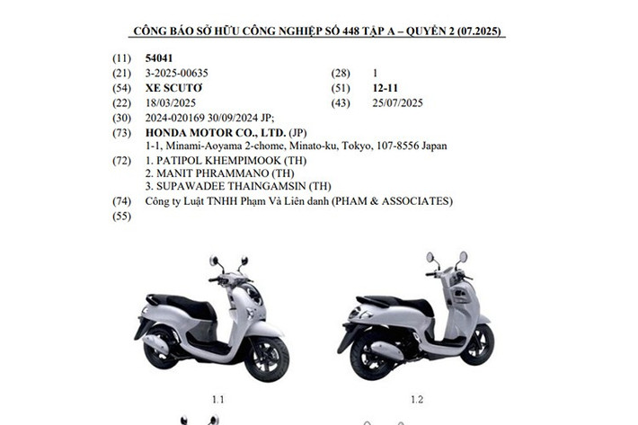 Theo Quyển 2 của Công báo số 448 tập A vừa được Cục Sở hữu trí tuệ Việt Nam công bố, Honda Việt Nam đã chính thức đăng ký bản quyền kiểu dáng công nghiệp cho một mẫu xe tay ga mới. Những hình ảnh trong hồ sơ cho thấy đây chính là Honda Scoopy thế hệ thứ 6.