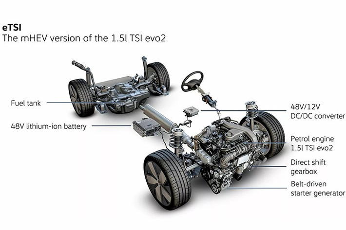 Đáng chú ý là phiên bản với hệ thống hybrid hoàn toàn đầu tiên của Volkswagen, đánh dấu một cột mốc quan trọng cho tập đoàn. Thiết lập này kết hợp động cơ TSI evo2 1,5 lít với một mô-đun điện và pin lithium-ion đặt dưới hàng ghế sau. Sẽ có hai mức công suất: 134 mã lực hoặc 168 mã lực , mỗi mức sản sinh mô-men xoắn 306Nm.