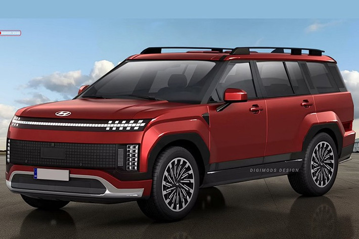 Theo bản dựng, Hyundai SantaFe 2027 mới sở hữu thiết kế táo bạo và hiện đại hơn. Phần đầu xe gây ấn tượng với lưới tản nhiệt cỡ lớn trải dài gần hết mặt ca-lăng, kết hợp dải đèn LED ban ngày dạng pixel nối liền hai bên.