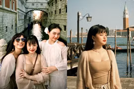 Thúy Hạnh đưa hai con du ngoạn Venice, đẹp nổi bật trời Tây